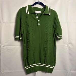 OXKNITSTORE Mens Green Textured Knit Polo Shirt Short Sleeve Cotton Chevron M